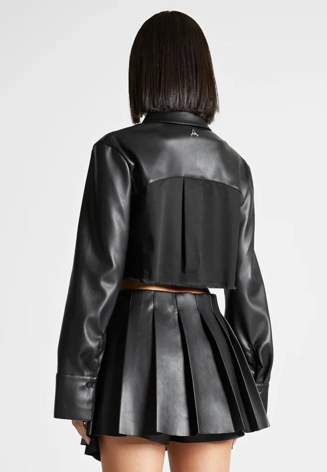Manire De Voir Matching Sets Manire De Voir Woman Vegan Leather Contrast Cropped Shirt 8211 Black