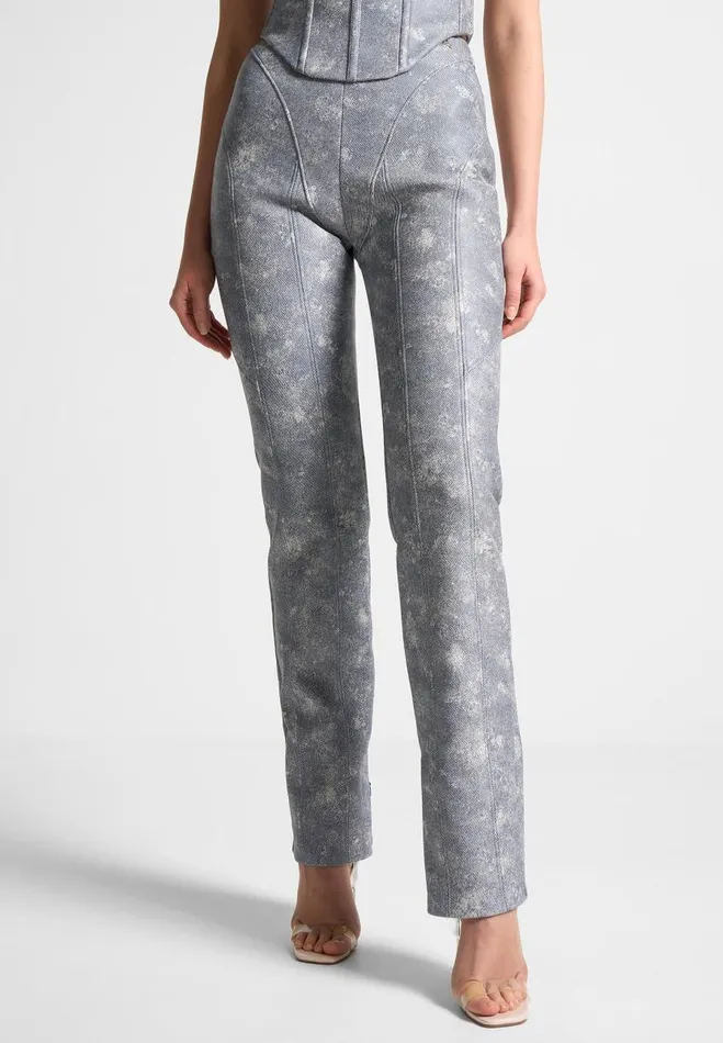 Manire De Voir Matching Sets Manire De Voir Woman Vegan Leather Denim Effect Straight Leg Trousers 8211 Blue