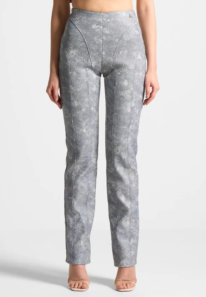 Manire De Voir Matching Sets Manire De Voir Woman Vegan Leather Denim Effect Straight Leg Trousers 8211 Blue