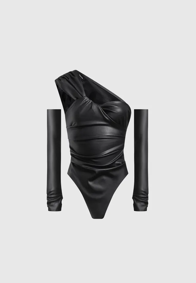 Manire De Voir Matching Sets Manire De Voir Woman Vegan Leather Gathered Bodysuit With Sleeves 8211 Black