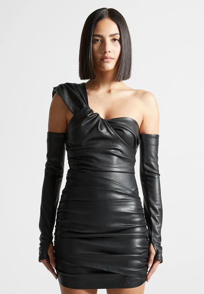 Manire De Voir Matching Sets Manire De Voir Woman Vegan Leather Gathered Bodysuit With Sleeves 8211 Black