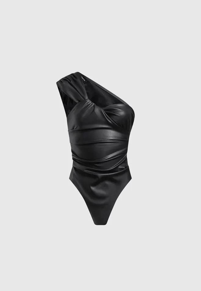 Manire De Voir Matching Sets Manire De Voir Woman Vegan Leather Gathered Bodysuit With Sleeves 8211 Black