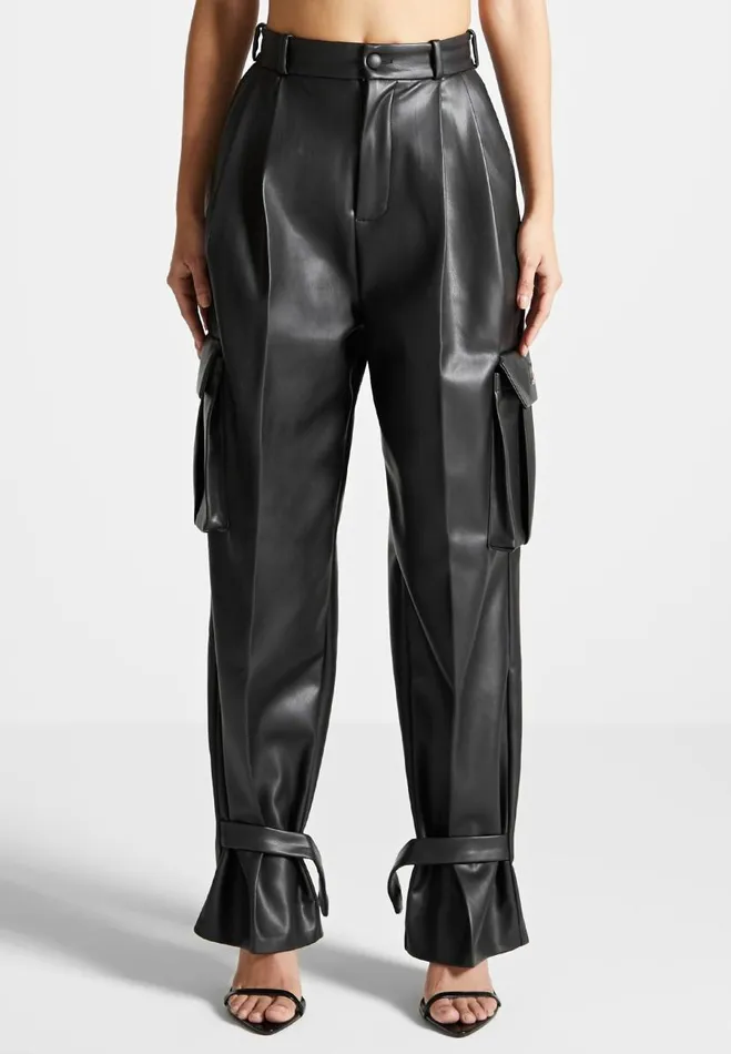 Manire De Voir Matching Sets Manire De Voir Woman Vegan Leather Pleated Cargo Trousers 8211 Black