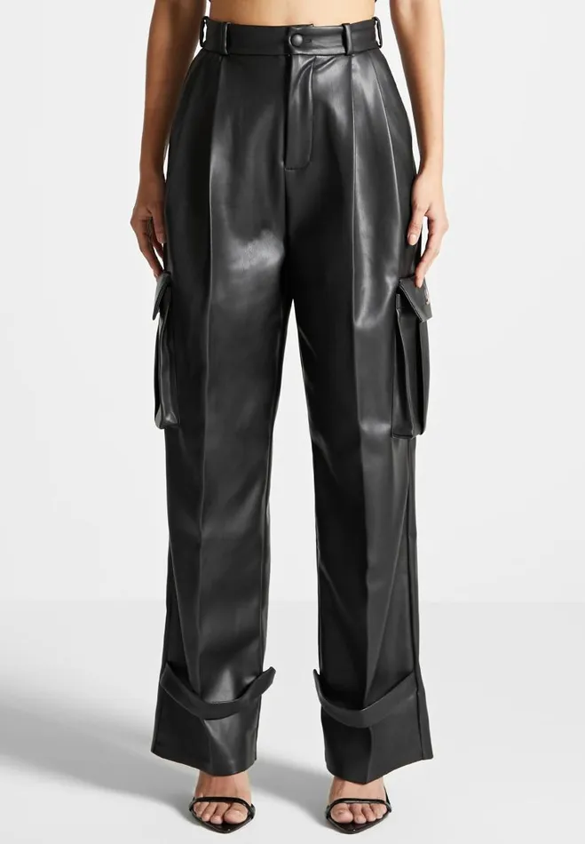 Manire De Voir Matching Sets Manire De Voir Woman Vegan Leather Pleated Cargo Trousers 8211 Black