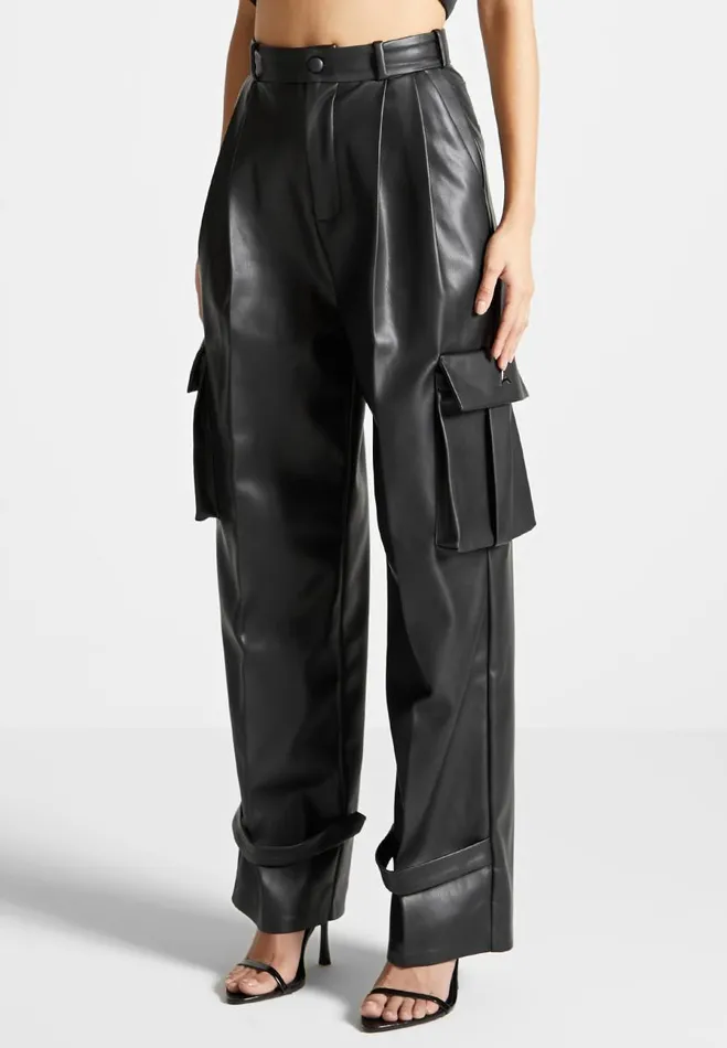 Manire De Voir Matching Sets Manire De Voir Woman Vegan Leather Pleated Cargo Trousers 8211 Black