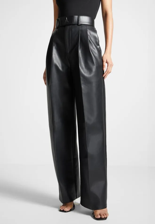 Manire De Voir Matching Sets Manire De Voir Woman Vegan Leather Pleated Trousers With Eiffel Belt 8211 Black Manire De Voir Matching Sets Manire De Voir Woman Vegan Leather Pleated Trousers With Eiffel Belt 8211 Black