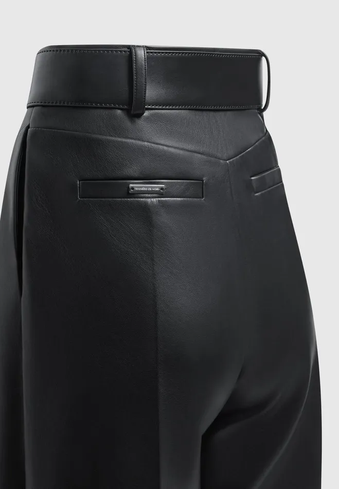 Manire De Voir Matching Sets Manire De Voir Woman Vegan Leather Pleated Trousers With Eiffel Belt 8211 Black