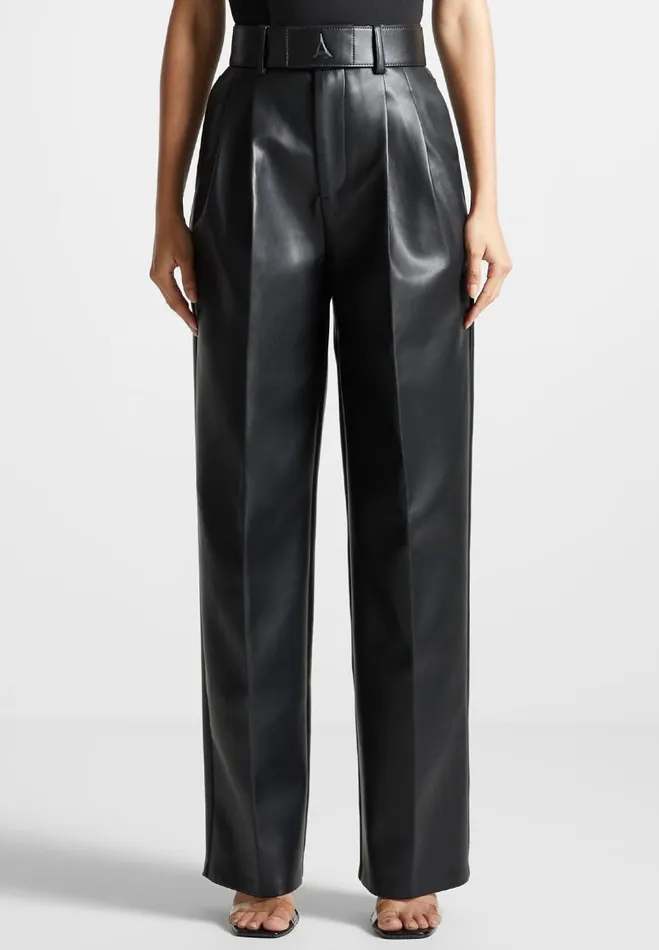Manire De Voir Matching Sets Manire De Voir Woman Vegan Leather Pleated Trousers With Eiffel Belt 8211 Black