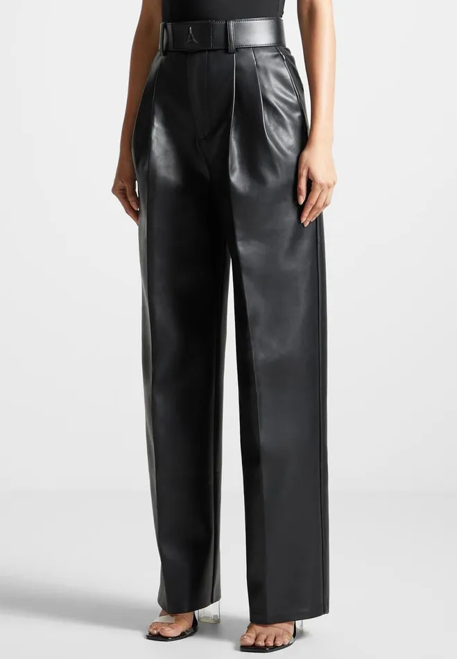 Manire De Voir Matching Sets Manire De Voir Woman Vegan Leather Pleated Trousers With Eiffel Belt 8211 Black