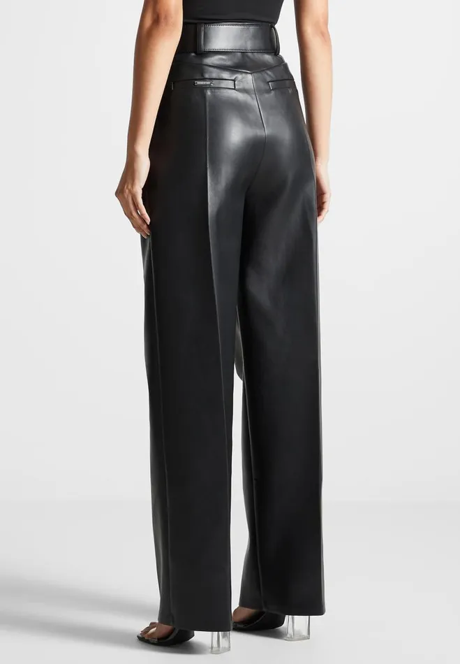 Manire De Voir Matching Sets Manire De Voir Woman Vegan Leather Pleated Trousers With Eiffel Belt 8211 Black