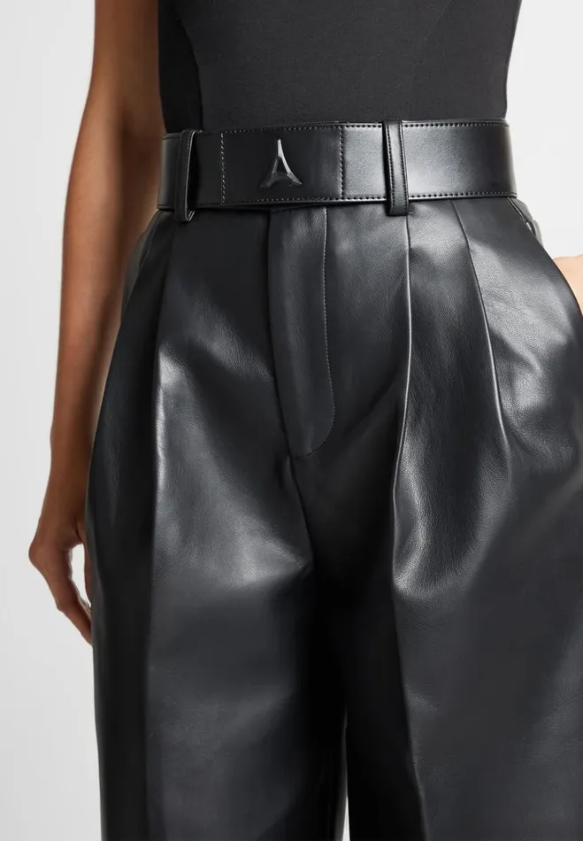 Manire De Voir Matching Sets Manire De Voir Woman Vegan Leather Pleated Trousers With Eiffel Belt 8211 Black