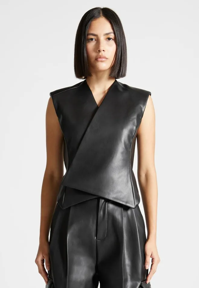 Manire De Voir Matching Sets Manire De Voir Woman Vegan Leather Wrap Waistcoat 8211 Black Manire De Voir Matching Sets Manire De Voir Woman Vegan Leather Wrap Waistcoat 8211 Black