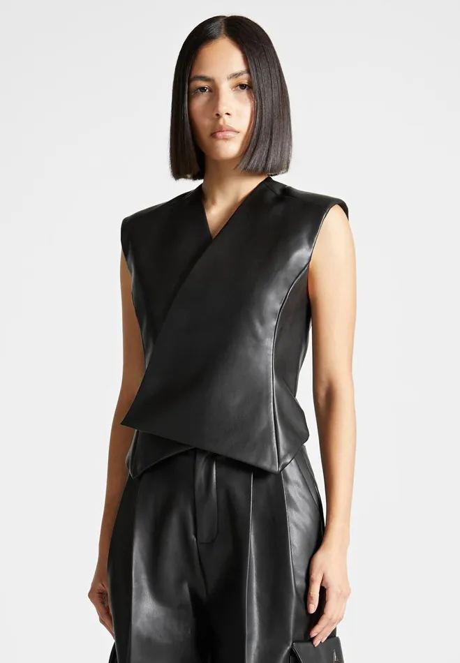 Manire De Voir Matching Sets Manire De Voir Woman Vegan Leather Wrap Waistcoat 8211 Black