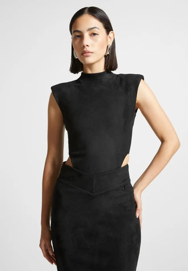 Manire De Voir Matching Sets Manire De Voir Woman Vegan Suede Wide Shoulder Bodysuit 8211 Black