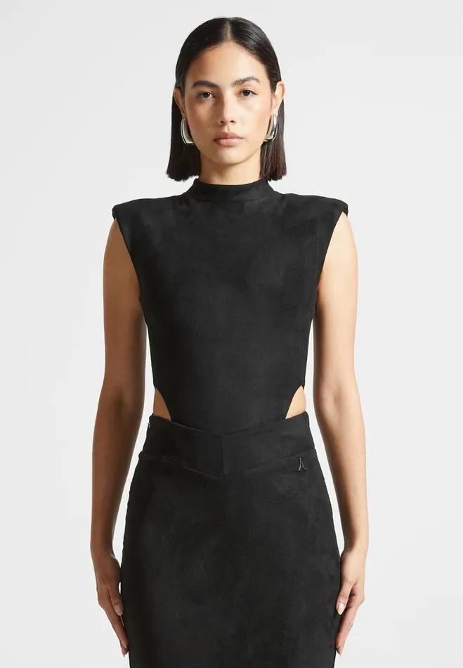 Manire De Voir Matching Sets Manire De Voir Woman Vegan Suede Wide Shoulder Bodysuit 8211 Black