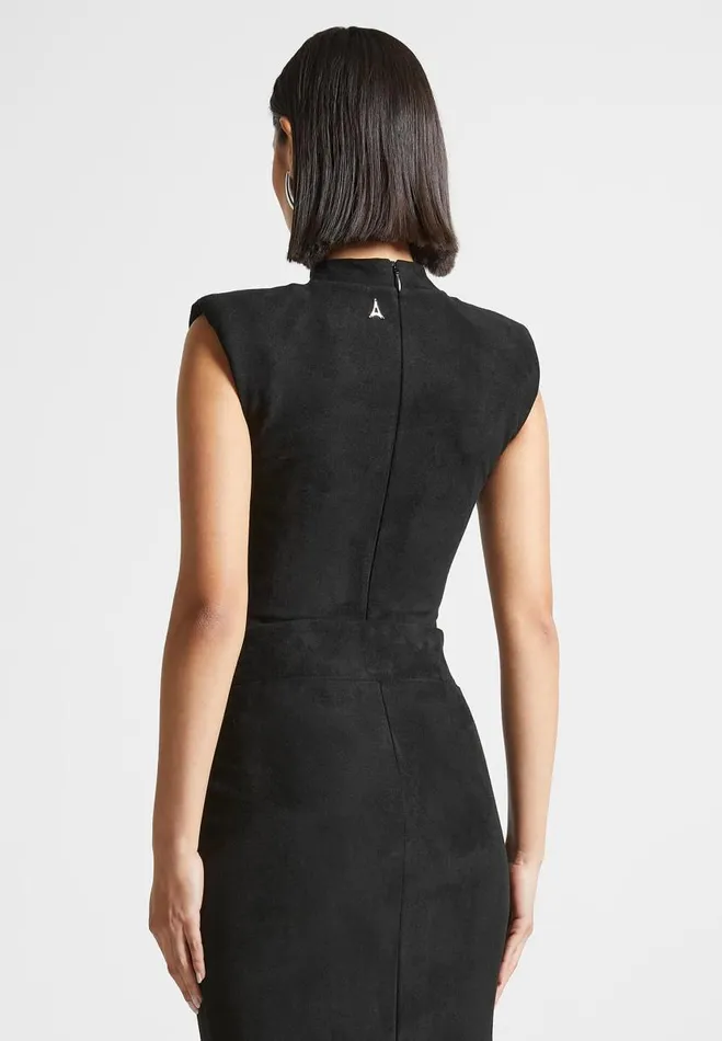 Manire De Voir Matching Sets Manire De Voir Woman Vegan Suede Wide Shoulder Bodysuit 8211 Black