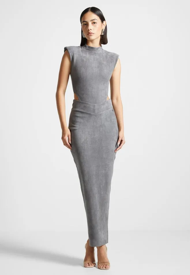 Manire De Voir Matching Sets Manire De Voir Woman Vegan Suede Wide Shoulder Bodysuit 8211 Light Grey Manire De Voir Matching Sets Manire De Voir Woman Vegan Suede Wide Shoulder Bodysuit 8211 Light Grey
