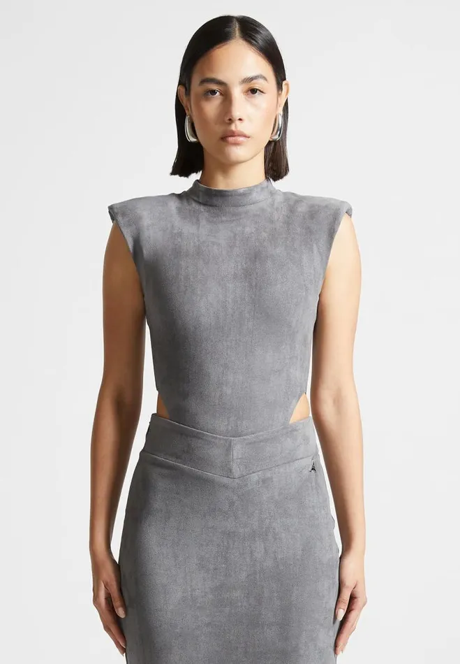 Manire De Voir Matching Sets Manire De Voir Woman Vegan Suede Wide Shoulder Bodysuit 8211 Light Grey