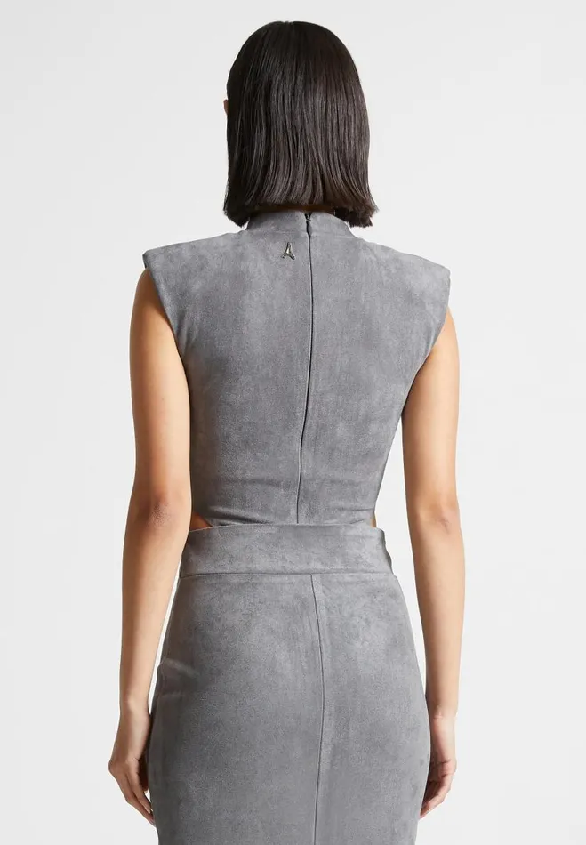 Manire De Voir Matching Sets Manire De Voir Woman Vegan Suede Wide Shoulder Bodysuit 8211 Light Grey