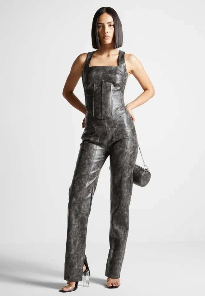 Manire De Voir Matching Sets Manire De Voir Woman Vintage Vegan Leather Trousers 8211 Grey Manire De Voir Matching Sets Manire De Voir Woman Vintage Vegan Leather Trousers 8211 Grey