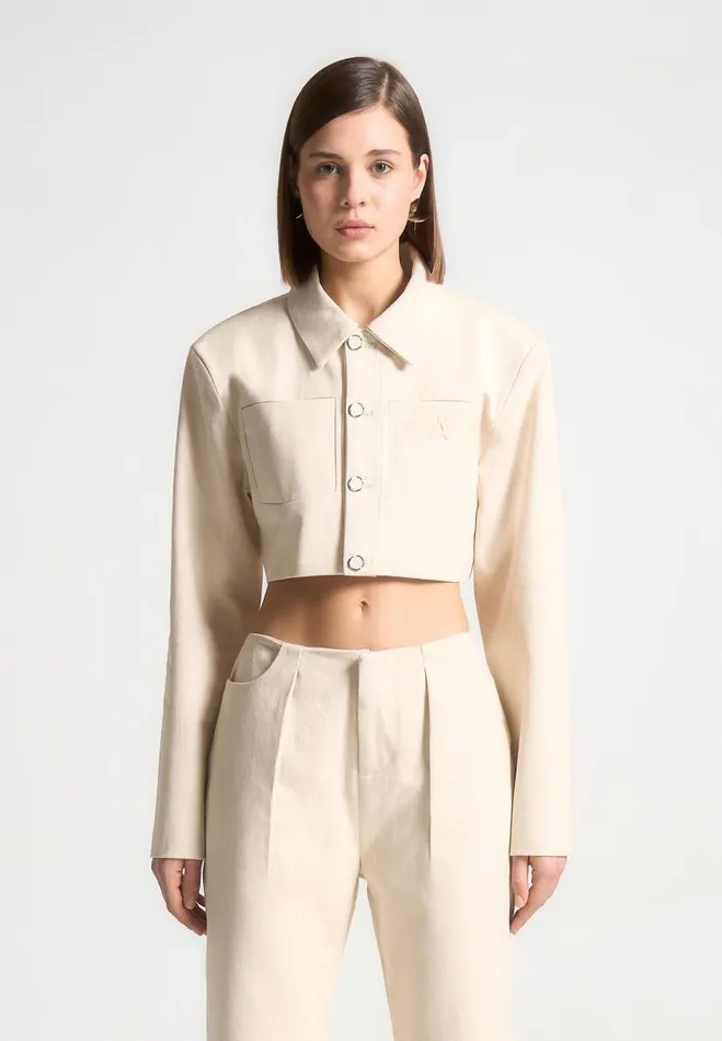 Manire De Voir Matching Sets Manire De Voir Woman Wide Shoulder Cropped Denim Jacket 8211 Cream