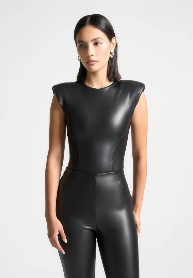 Manire De Voir Matching Sets Manire De Voir Woman Wide Shoulder Vegan Leather Bodysuit 8211 Black Manire De Voir Matching Sets Manire De Voir Woman Wide Shoulder Vegan Leather Bodysuit 8211 Black
