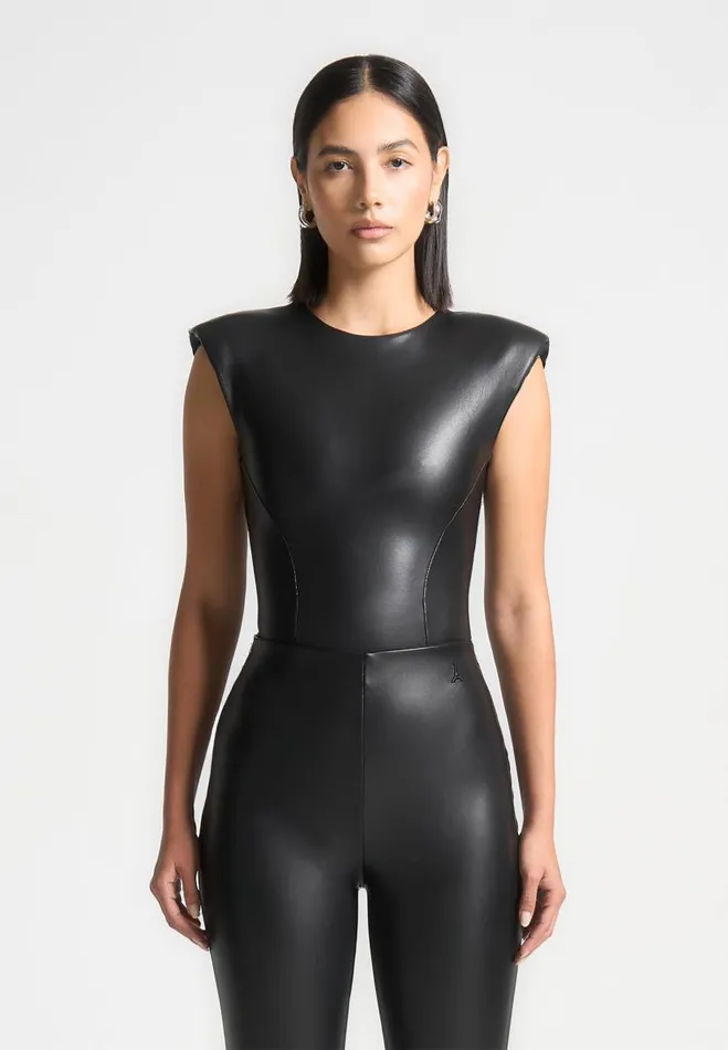 Manire De Voir Matching Sets Manire De Voir Woman Wide Shoulder Vegan Leather Bodysuit 8211 Black