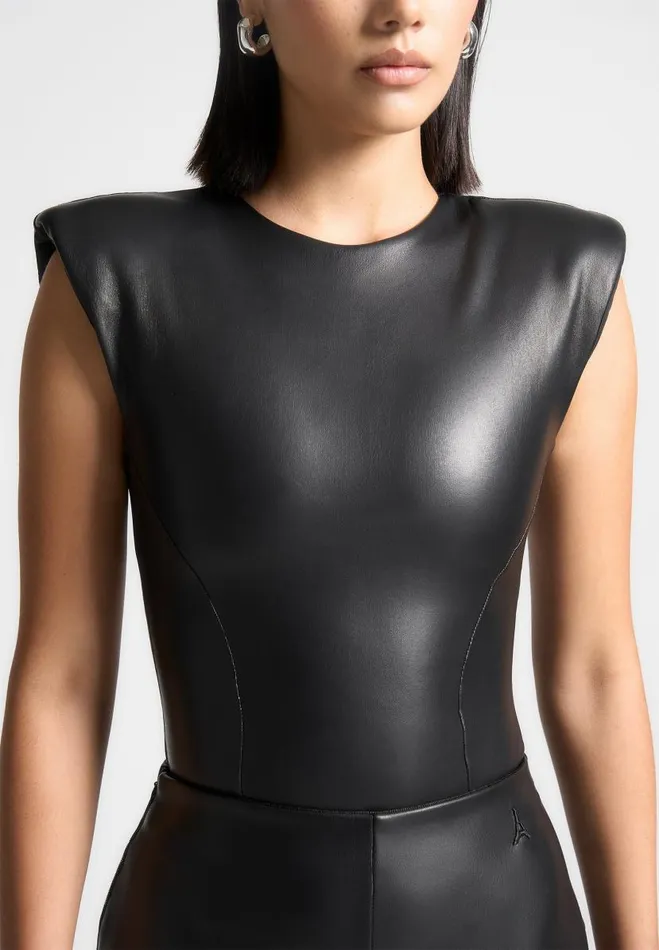 Manire De Voir Matching Sets Manire De Voir Woman Wide Shoulder Vegan Leather Bodysuit 8211 Black