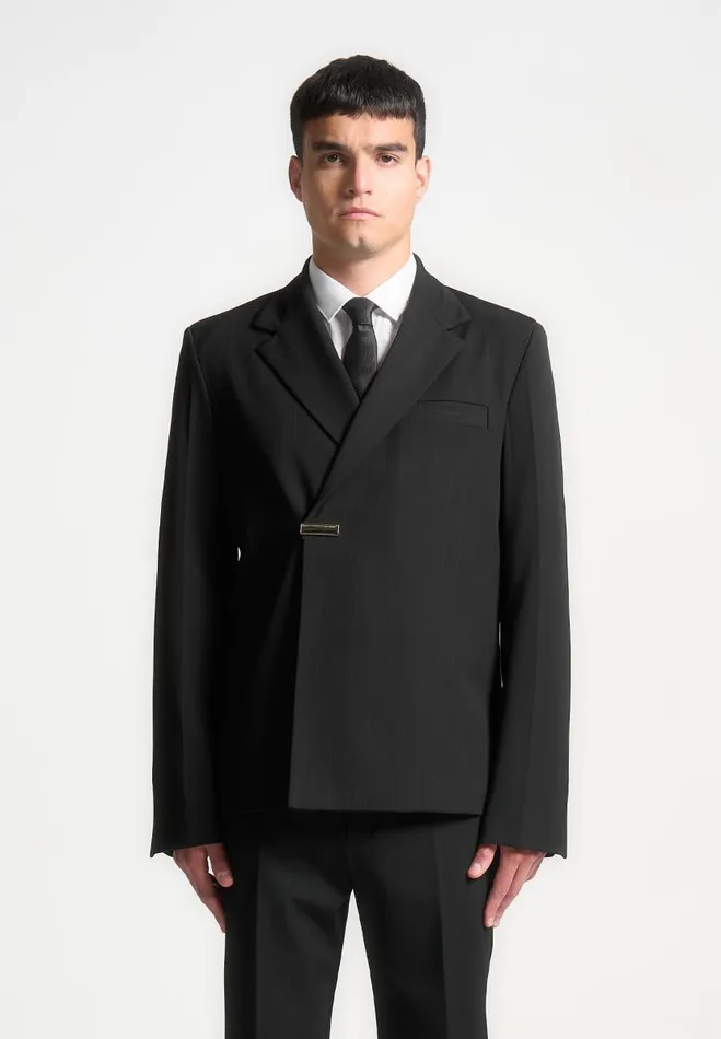 Manire De Voir Modern Tailoring Manire De Voir Man Double Breasted Pinstripe Suit Jacket 8211 Black Manire De Voir Modern Tailoring Manire De Voir Man Double Breasted Pinstripe Suit Jacket 8211 Black