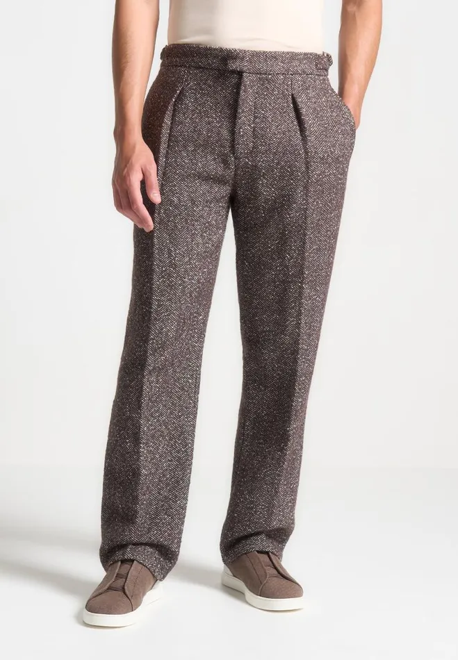 Manire De Voir Modern Tailoring Manire De Voir Man Relaxed Fit Herringbone Pleated Tailored Trousers 8211 Brown