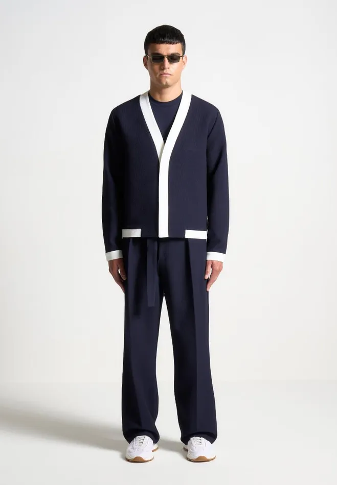 Manire De Voir Modern Tailoring Manire De Voir Man Relaxed Fit Textured Belted Tailored Trousers 8211 Navy