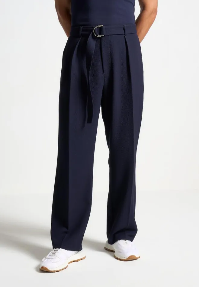 Manire De Voir Modern Tailoring Manire De Voir Man Relaxed Fit Textured Belted Tailored Trousers 8211 Navy