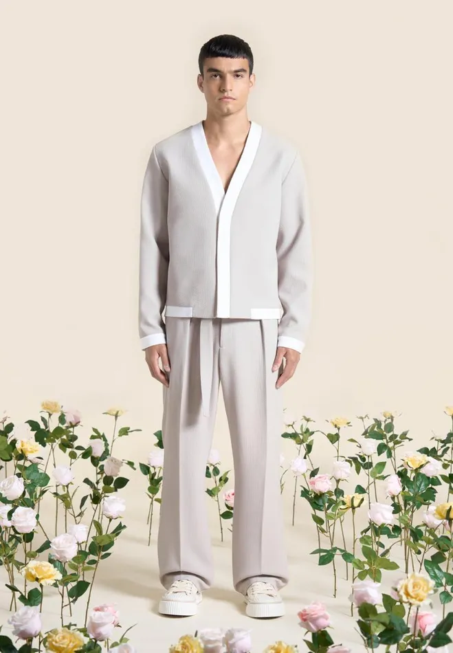 Manire De Voir Modern Tailoring Manire De Voir Man Relaxed Fit Textured Belted Tailored Trousers 8211 Stone