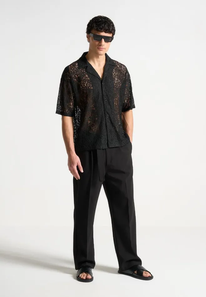 Manire De Voir Shirts Manire De Voir Man Boxy Lace Revere Shirt 8211 Black