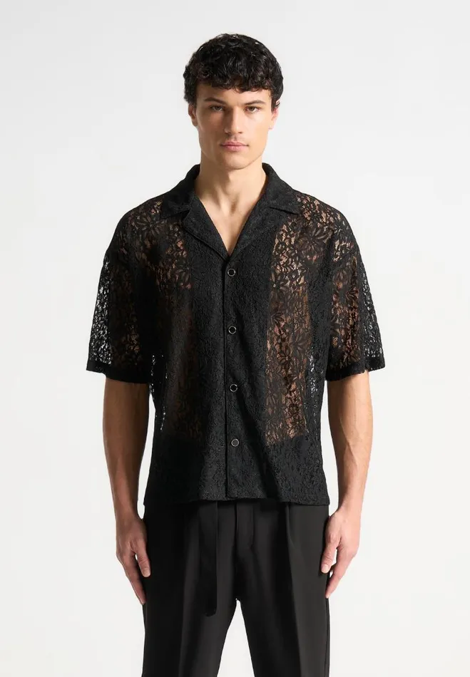 Manire De Voir Shirts Manire De Voir Man Boxy Lace Revere Shirt 8211 Black