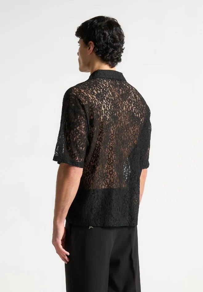 Manire De Voir Shirts Manire De Voir Man Boxy Lace Revere Shirt 8211 Black