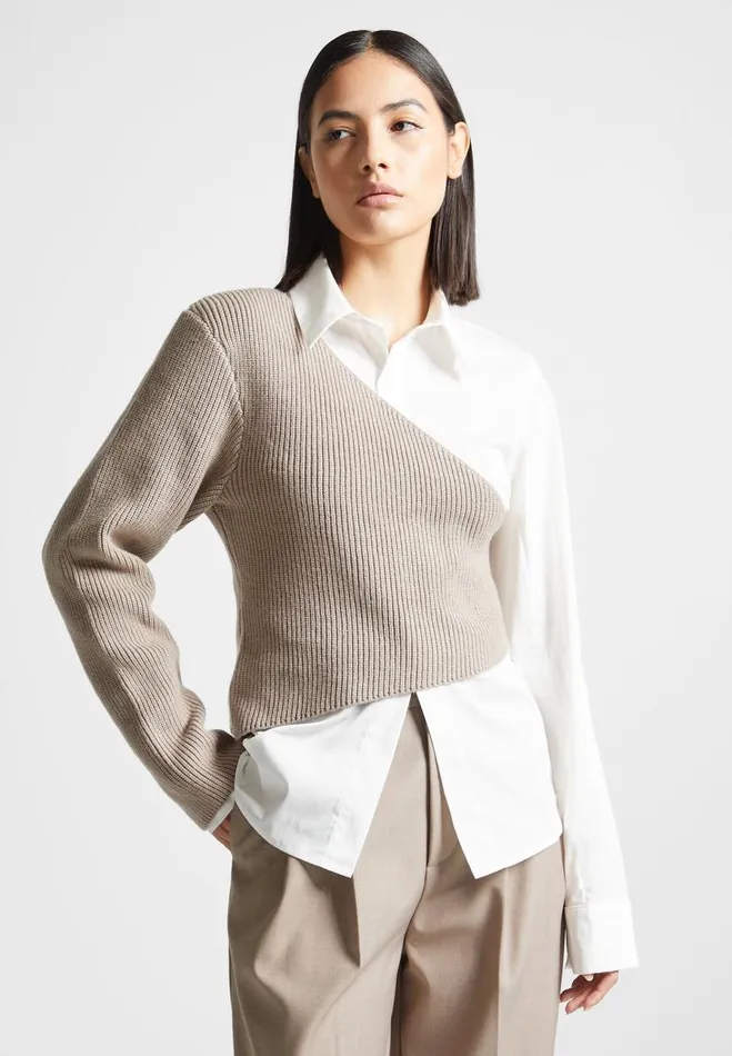 Manire De Voir Shirts Manire De Voir Woman Asymmetric Knitted Overlay Shirt 8211 WhiteBeige Manire De Voir Shirts Manire De Voir Woman Asymmetric Knitted Overlay Shirt 8211 WhiteBeige