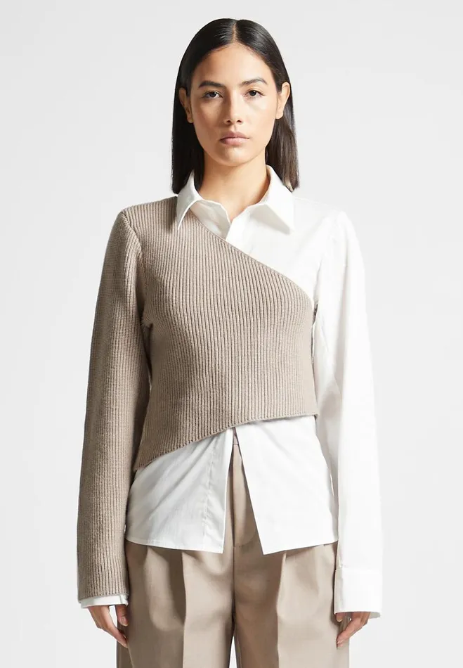 Manire De Voir Shirts Manire De Voir Woman Asymmetric Knitted Overlay Shirt 8211 WhiteBeige