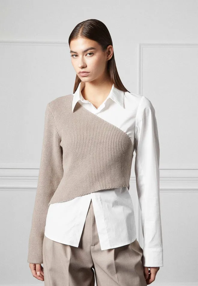 Manire De Voir Shirts Manire De Voir Woman Asymmetric Knitted Overlay Shirt 8211 WhiteBeige