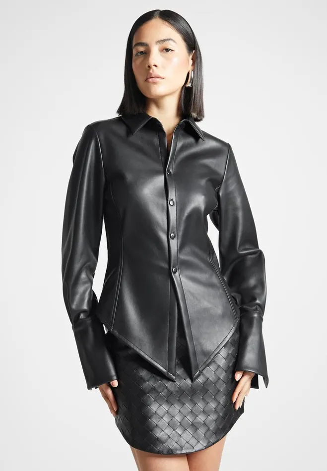 Manire De Voir Shirts Manire De Voir Woman Vegan Leather Angled Shirt 8211 Black Manire De Voir Shirts Manire De Voir Woman Vegan Leather Angled Shirt 8211 Black