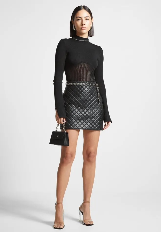 Manire De Voir Skirts Manire De Voir Woman Vegan Leather Quilted Mini Skirt With Chain 8211 Black Manire De Voir Skirts Manire De Voir Woman Vegan Leather Quilted Mini Skirt With Chain 8211 Black