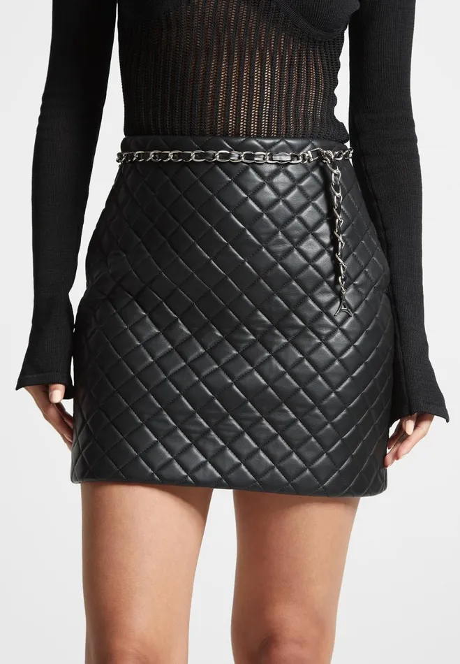 Manire De Voir Skirts Manire De Voir Woman Vegan Leather Quilted Mini Skirt With Chain 8211 Black