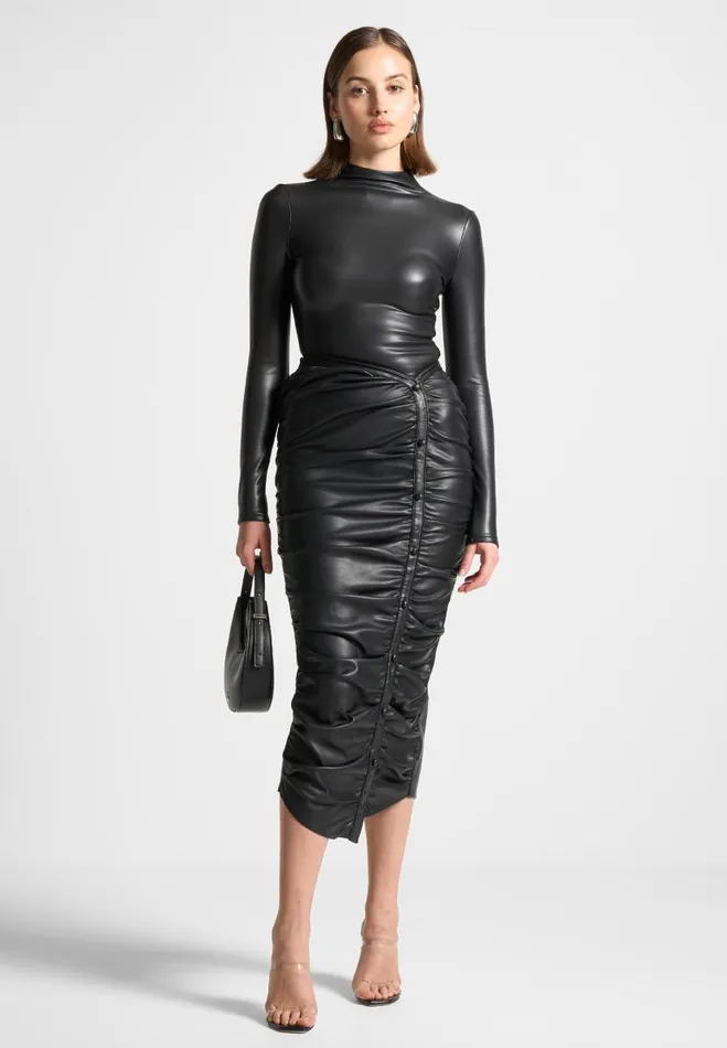 Manire De Voir Skirts Manire De Voir Woman Vegan Leather Ruched Midaxi Skirt 8211 Black