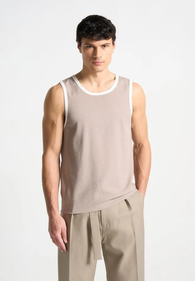 Manire De Voir TShirts and Tops Manire De Voir Man Seersucker Vest 8211 BeigeWhite Manire De Voir TShirts and Tops Manire De Voir Man Seersucker Vest 8211 BeigeWhite