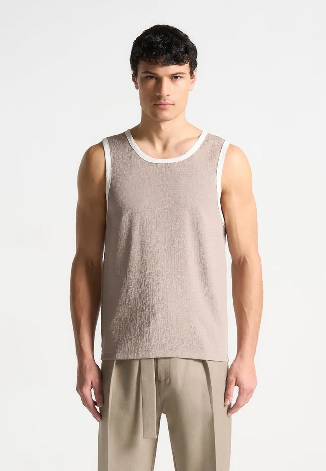 Manire De Voir TShirts and Tops Manire De Voir Man Seersucker Vest 8211 BeigeWhite