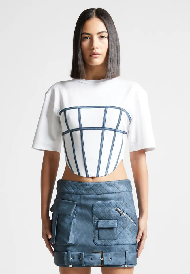 Manire De Voir Tops and T Shirts Manire De Voir Woman Corset T Shirt 8211 WhiteBlue Manire De Voir Tops and T Shirts Manire De Voir Woman Corset T Shirt 8211 WhiteBlue