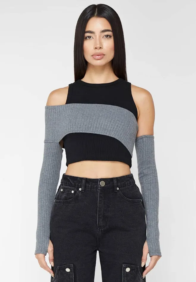 Manire De Voir Tops and T Shirts Manire De Voir Woman Crop Top With Knitted Overlay 8211 BlackGrey Manire De Voir Tops and T Shirts Manire De Voir Woman Crop Top With Knitted Overlay 8211 BlackGrey