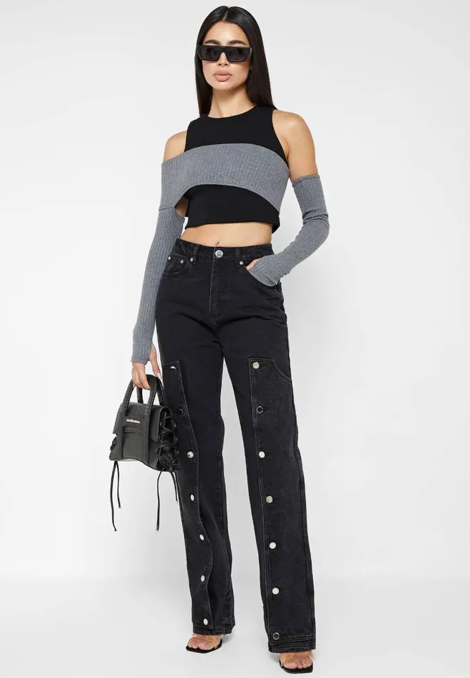 Manire De Voir Tops and T Shirts Manire De Voir Woman Crop Top With Knitted Overlay 8211 BlackGrey