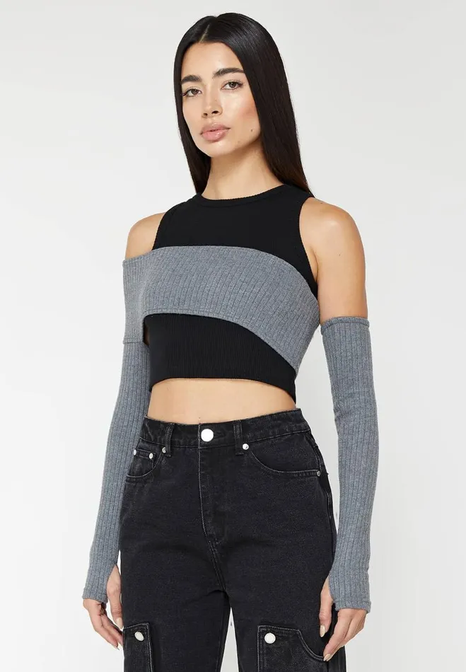 Manire De Voir Tops and T Shirts Manire De Voir Woman Crop Top With Knitted Overlay 8211 BlackGrey