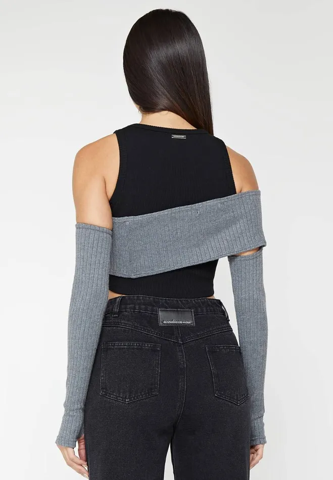 Manire De Voir Tops and T Shirts Manire De Voir Woman Crop Top With Knitted Overlay 8211 BlackGrey